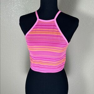 Candy Couture Women's Pink Striped Ribbed Halter Crop Top Size Medium/Large